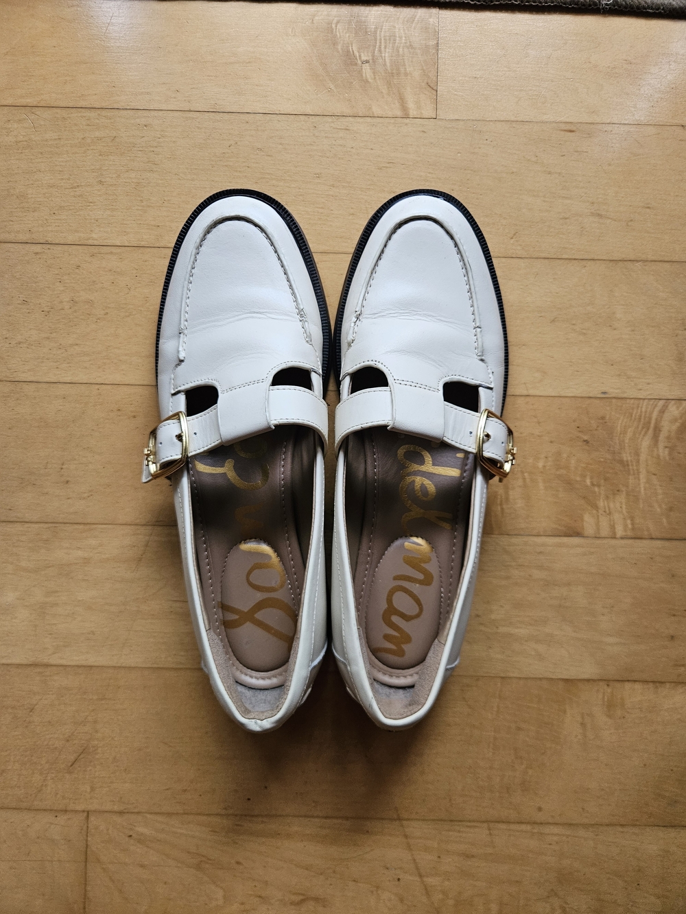 Sam Edelman White Loafers with Gold Buckle